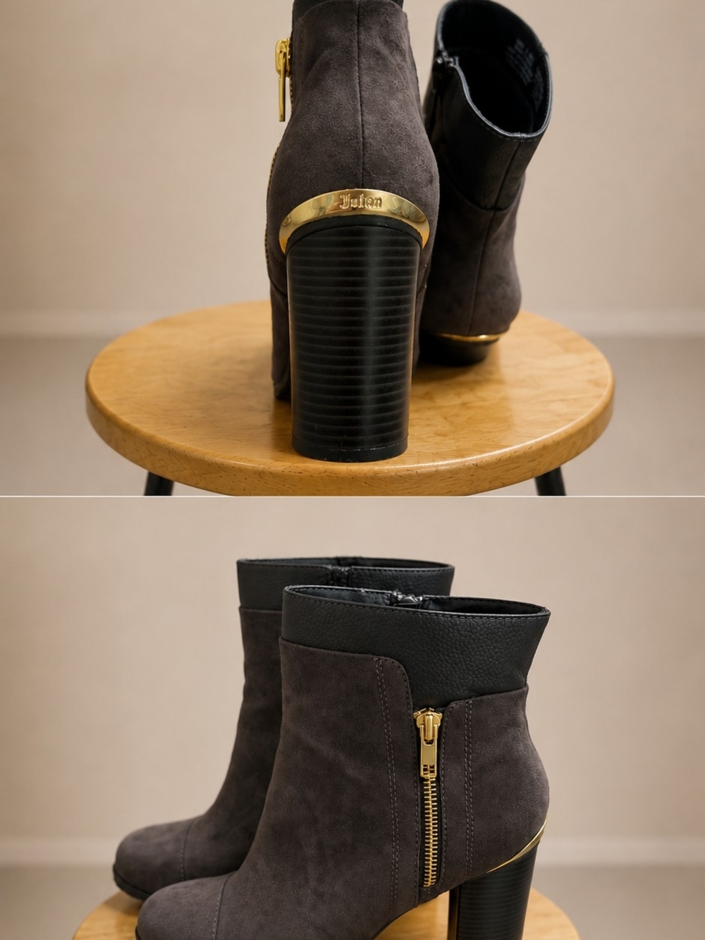 Juicy Couture Gray Suede Ankle Boots with Gold Accents